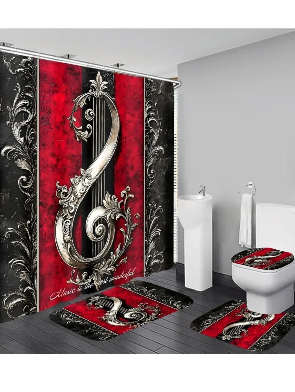 Music Treble Clef Red and Black Bathroom Set - Shower Curtain & Rugs